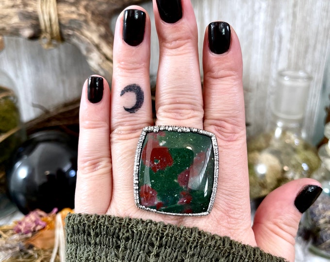 Big Size 11 Natural Bloodstone Statement Ring In Fine Silver /  Foxlark Collection - One of a Kind / Big Crystal Ring Witchy Jewelry