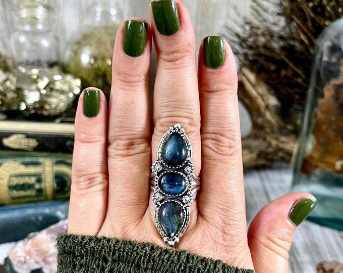 Three Stone Labradorite Ring in Sterling Silver /  Designed by FOXLARK Collection Size 5 6 7 8 9 10 11 / Big Crystal Ring Witchy Jewelry