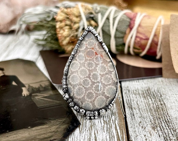 Size 10.5 Fossilized Coral Silver Statement Ring in Fine Silver / Foxlark Collection - One of a Kind / Big Crystal Ring Witchy Jewelry