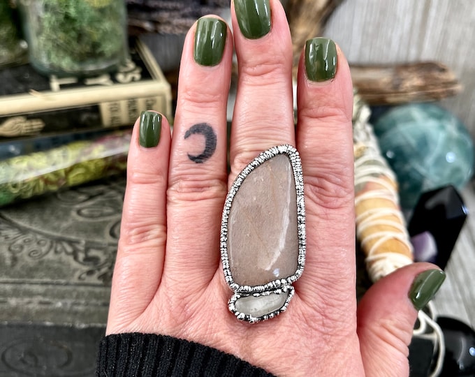 Size 10 Two Stone Ring- Peach Moonstone Clear Quartz Crystal Ring Fine Silver / Foxlark Collection - One of a Kind / Statement Jewelry