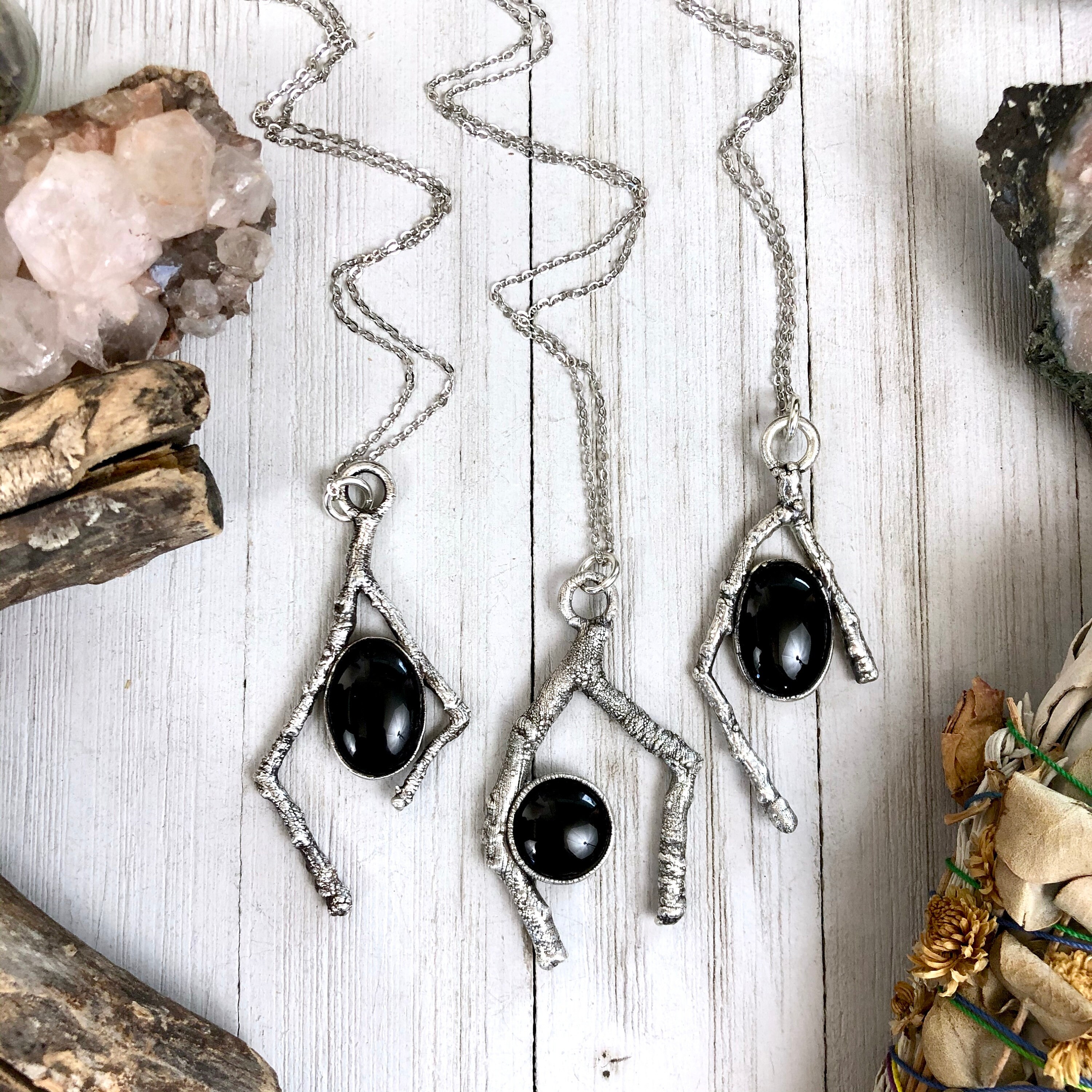 Sticks Stones Necklace Pendant Big Crystal Necklace Silver Black Onyx Necklace