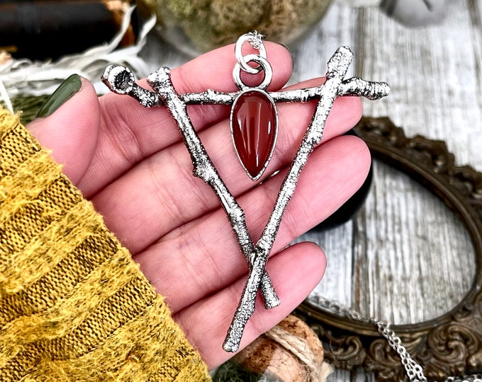 Sticks & Stones Crystal Necklace Pendant Carnelian Necklace / Big Crystal Necklace Silver  / Large Statement Necklace / Big Silver