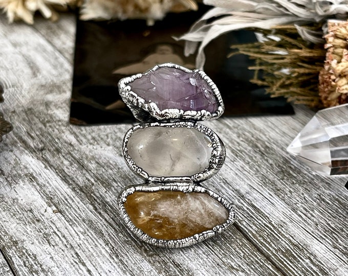 Size 6 Crystal Ring - Three Stone Ring Citrine Clear Quartz Raw Amethyst Ring Silver/ Foxlark Collection - One of a Kind / Crystal Jewelry