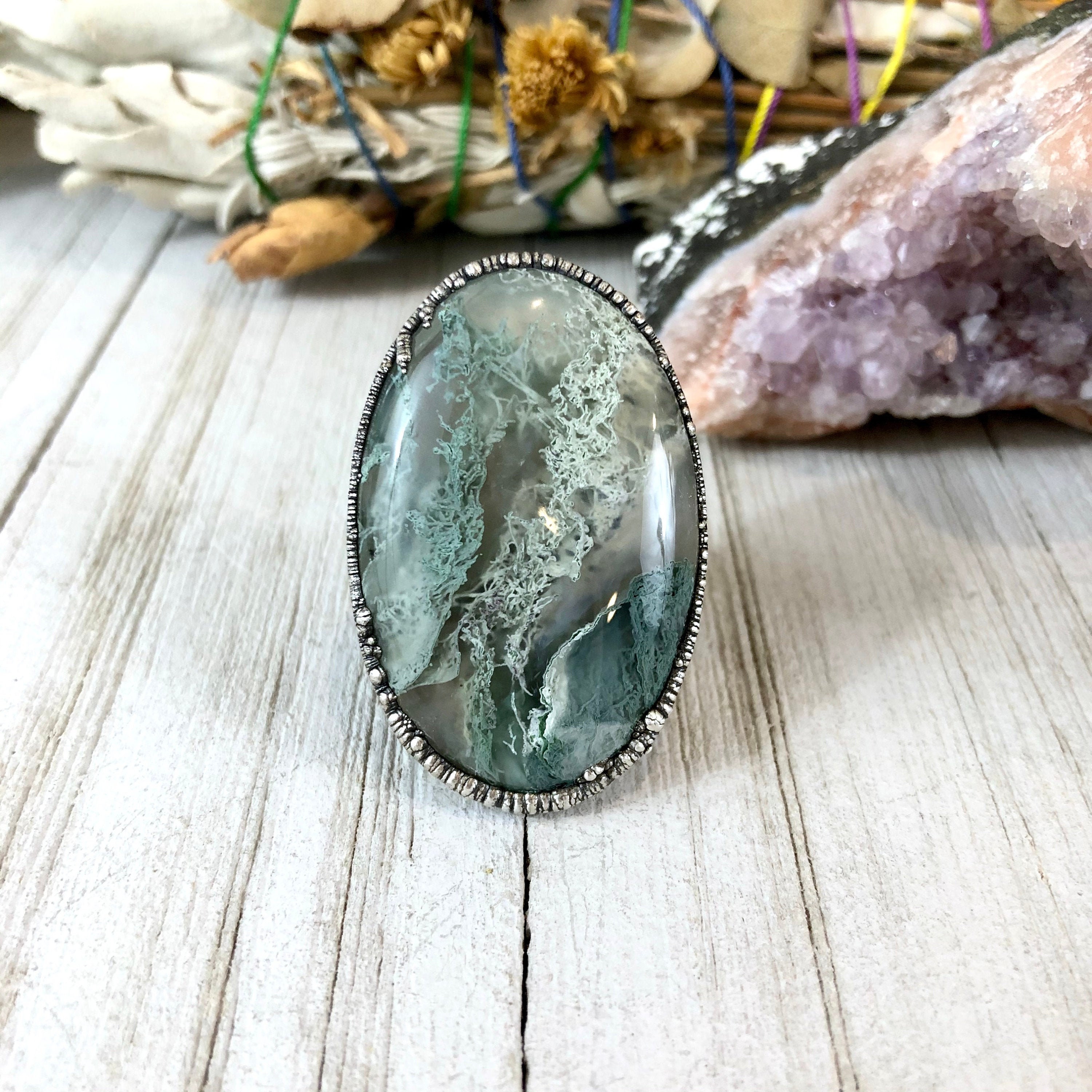 Size 6.75 Silver Natural Moss Agate Ring Large Crystal Ring