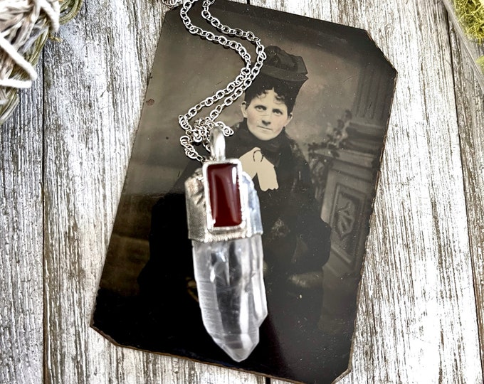 Large Raw Clear Quartz & Carnelian Crystal Statement Necklace in Fine Silver / Foxlark Collection - One of a Kind