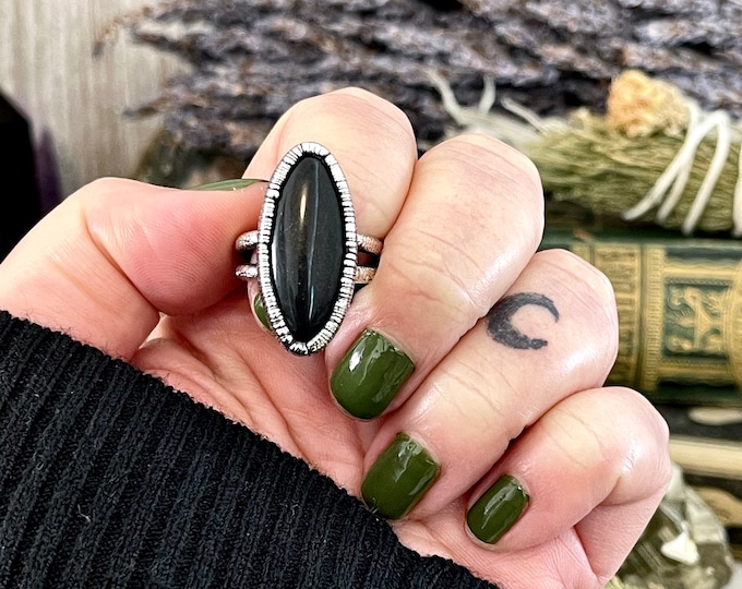 Oval Black Onyx Stone Ring in Fine Silver Size 6 7 8 9 / Foxlark Collection / Big Silver Crystal Ring Gothic Ring Punk Jewelry / Punk Rock