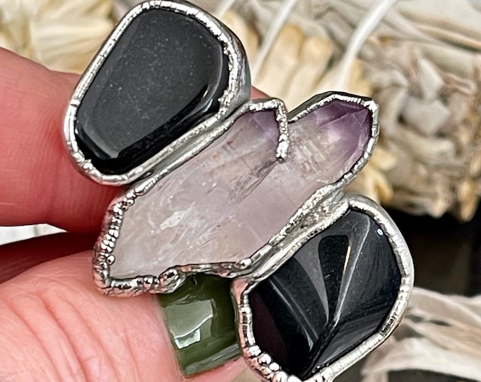 Size 7 Crystal Ring - Three Stone Black Onyx Purple Veracruz Amethyst Silver Ring / Foxlark Collection - One of a Kind / Big Crystal Jewelry