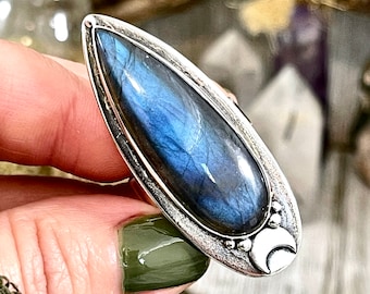 Magic Moons Labradorite Ring in Solid Sterling Silver / Designed by FOXLARK Collection Adjustable to Size 6 7 8 9 10 /Crystal Witchy Jewelry