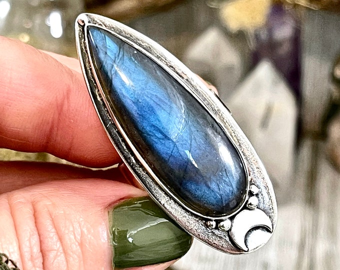 Magic Moons Labradorite Ring in Solid Sterling Silver / Designed by FOXLARK Collection Adjustable to Size 6 7 8 9 10 /Crystal Witchy Jewelry