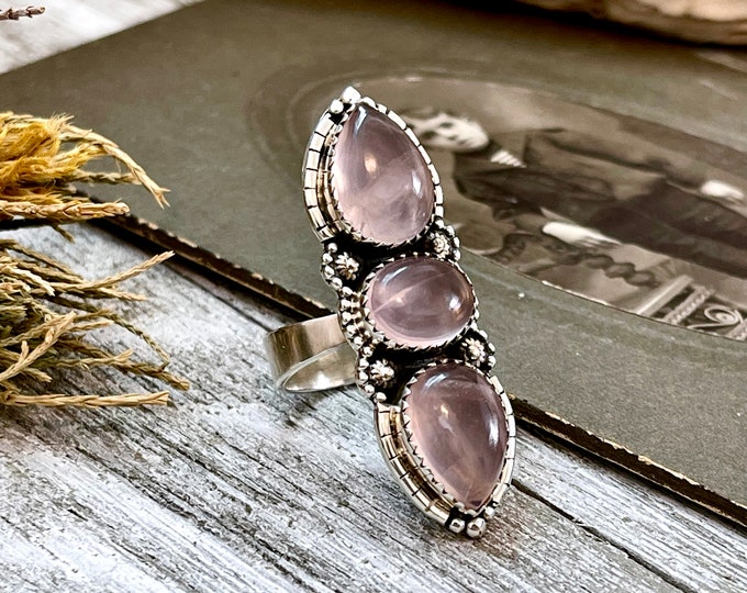 Three Stone Pink Rose Quartz Crystal Ring in Solid Sterling Silver- Designed by FOXLARK Collection Adjustable to Size 6 7 8 9 Gemstone