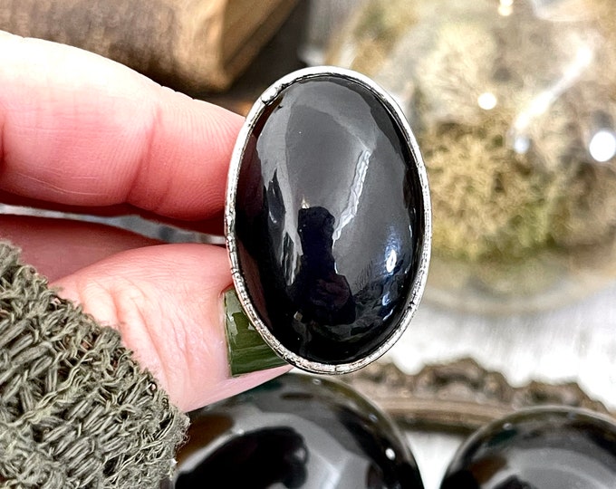 Size 8 Natural Black Rainbow Obsidian Ring in Fine Silver / Foxlark Collection - One of a Kind Gemstone