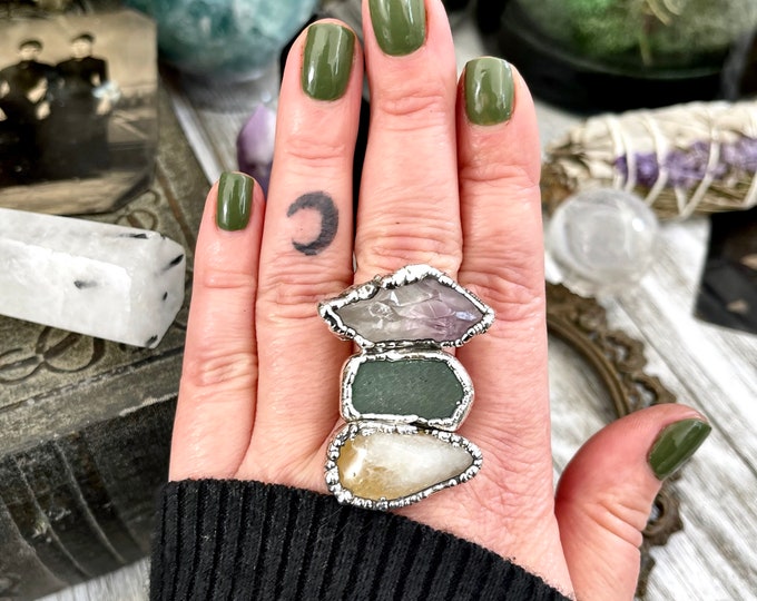 Size 10 Three Stone Ring- Citrine Amethyst Sea Glass Crystal Ring Fine Silver / Foxlark Collection - One of a Kind / Statement Jewelry