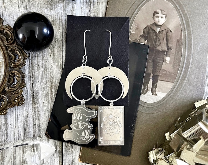 Mismatch Crescent Moon Earrings Witchy Tarot Card Crystal Sterling Silver & Stainless Steel Earrings /  Long Dangly Goth Witch Jewelry