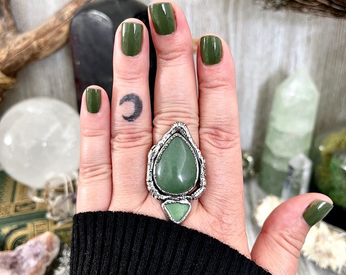 Sticks and Stones Collection- Size 9 Green Aventurine Sea Glass Statement Ring in Fine Silver // Punk Ring Goth Witchy Gemstone Jewelry