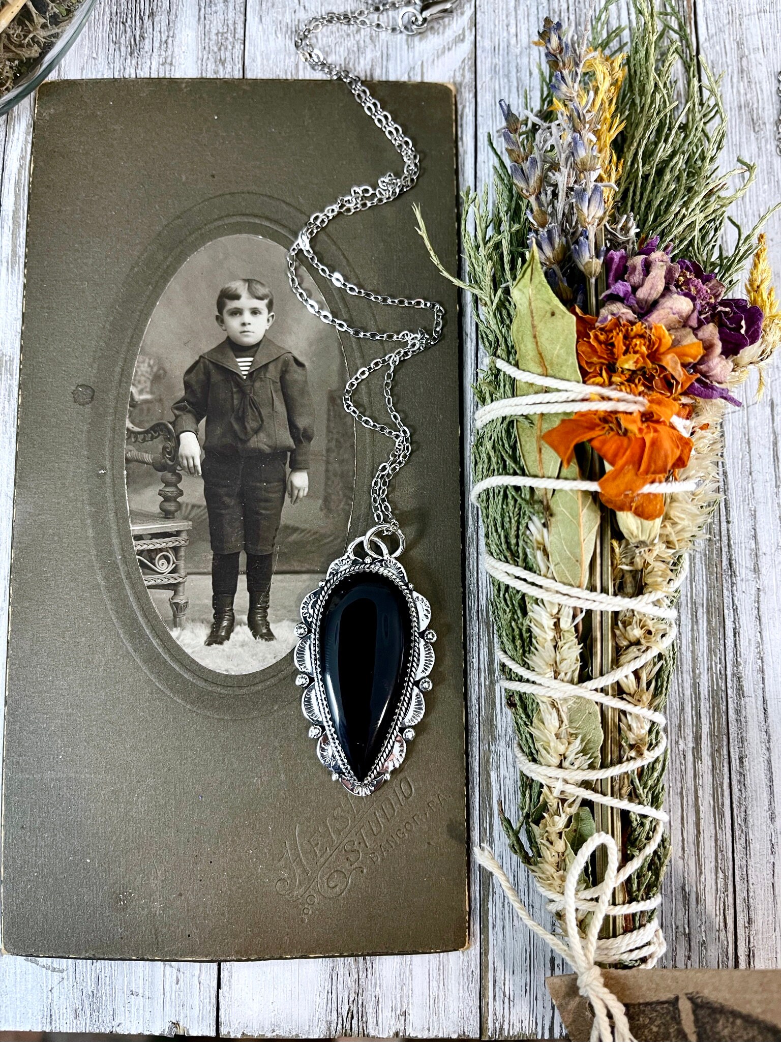 Black Onyx Crystal Teardrop Necklace in Sterling Silver