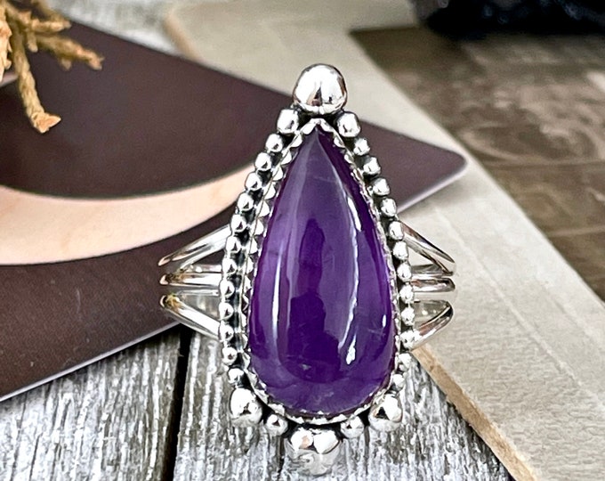 Purple Amethyst Teardrop Crystal Ring in Solid Sterling Silver- Designed by FOXLARK Collection Size 6 7 8 9 10 | Boho Purple Stone Ring