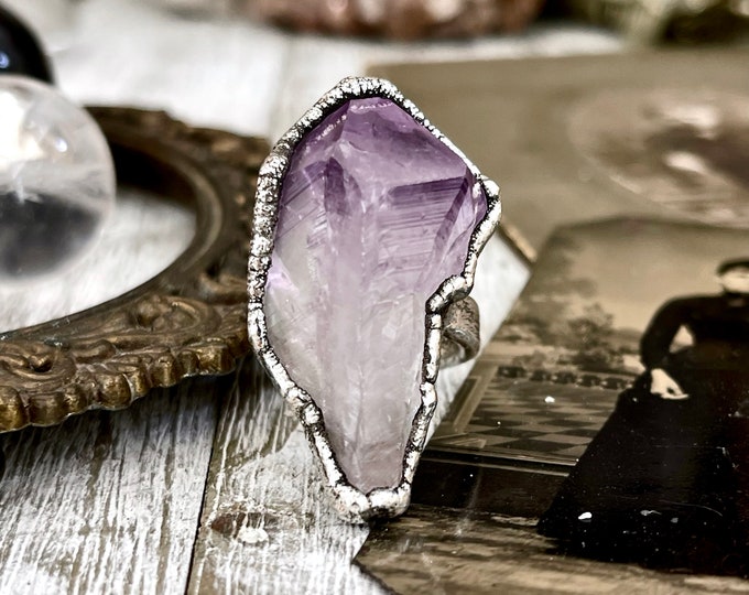 Size 6 Big Raw Amethyst Purple Crystal Ring in Fine Silver / Foxlark Collection - One of a Kind / Big Crystal Ring Witchy Jewelry Gemstone