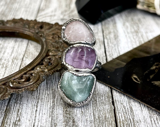 Size 7 Crystal Ring - Three Stone Rose Quartz Amethyst Aventurine Ring in Silver / Foxlark Collection - One of a Kind / Boho Crystal Jewelry