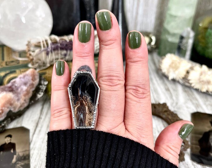 Size 7  Fossilized Palm Root Coffin Statement Ring in Fine Silver / Foxlark Collection - One of a Kind / Big Crystal Ring Witchy Jewelry