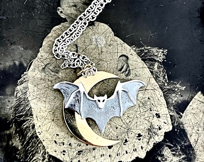 Tiny Talisman Collection - Sterling Silver Tiny Bat with Bronze Moon 27x26mm  / Curated  Collection