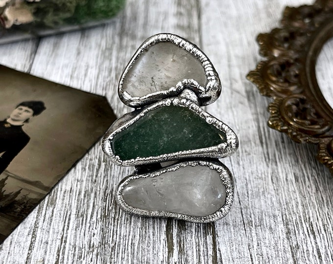 Size 7 Crystal Ring - Three Stone Clear Quartz Green Aventurine Ring in Silver / Foxlark Collection - One of a Kind / Big Crystal Jewelry