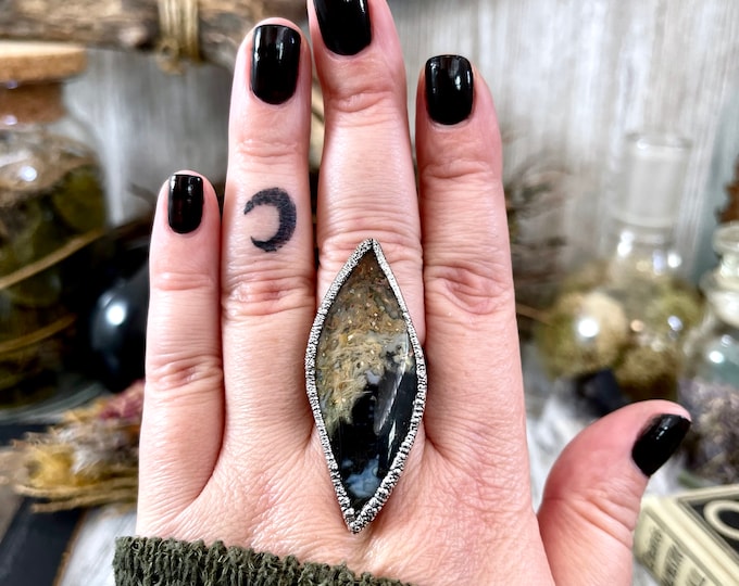 Unique Size 8.5 Large Fossilized Palm Root Statement Ring in Fine Silver / Foxlark Collection - One of a Kind / Gothic Jewelry Electroformed