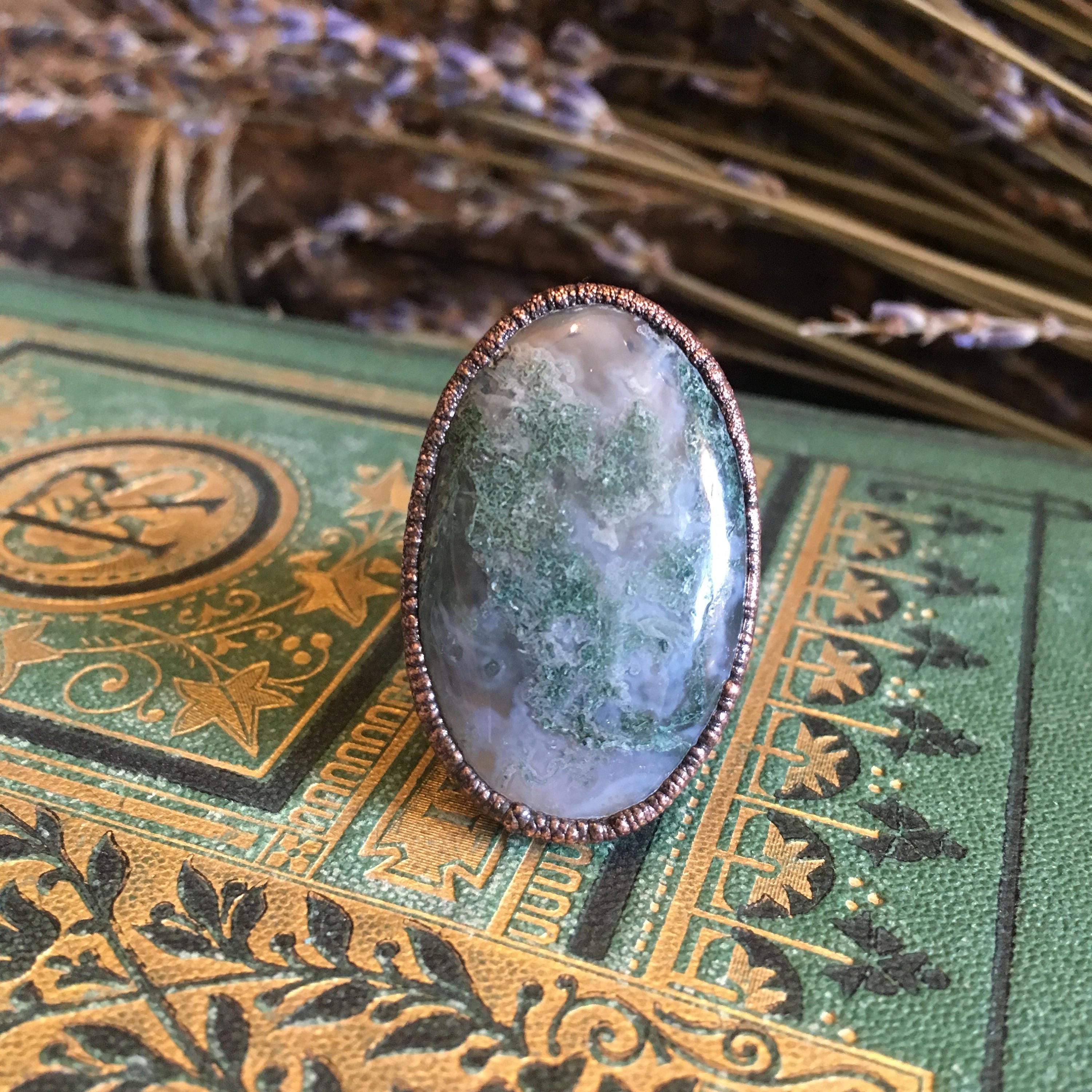 Moss Agate Ring / Natural Stone Ring size 8/ Crystal Ring / Gypsy Ring