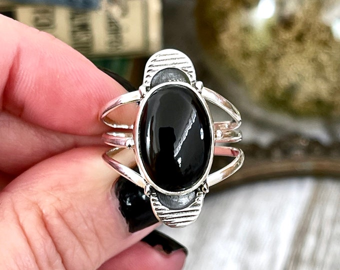 Black Onyx Double Moon Crystal Ring in Solid Sterling Silver- Designed by FOXLARK Collection Size 6 7 8 9 10 11 / Gothic Jewelry Gemstone