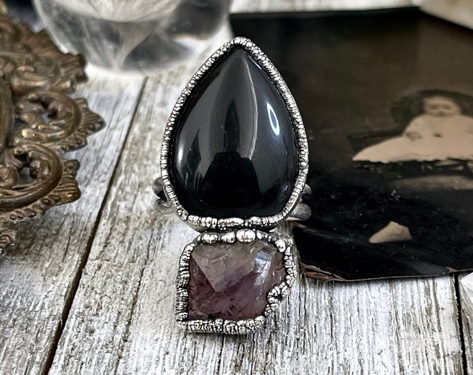 Size 8.5 Two Stone Ring- Black Onyx Purple Raw Amethyst Crystal Ring Fine Silver / Foxlark Collection - One of a Kind / Statement Jewelry