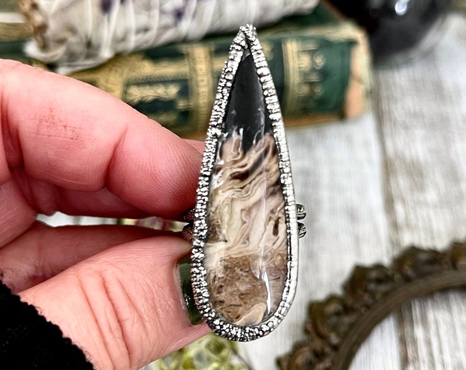 Size 7 Large Fossilized Palm Root Statement Ring in Fine Silver - Black Stone Ring / Foxlark Collection - One of a Kind / Gothic Jewelry