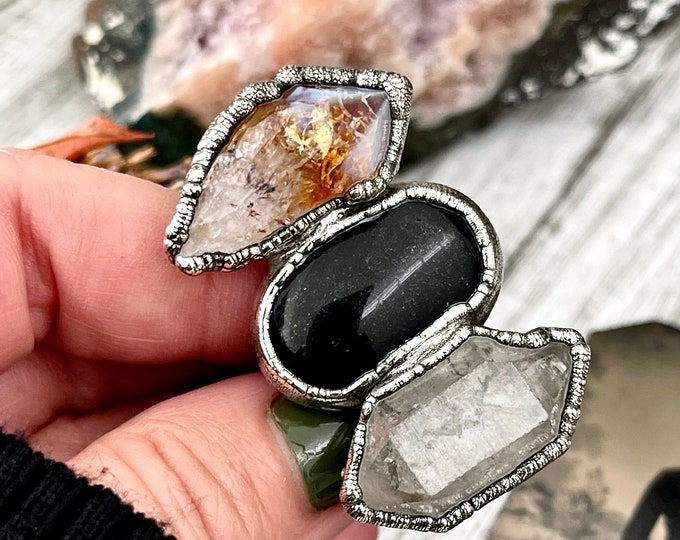 Size 9 Crystal Ring - Three Stone Black Onyx Yellow Citrine & Quartz Silver Ring / Foxlark Collection - One of a Kind / Big Crystal Jewelry