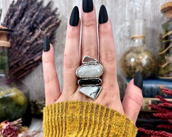 Multi Stone Peach Moonstone Rainbow Moonstone Obsidian Moss Agate Quartz Ring In Silver Size 10 / Foxlark Collection / Big Crystal Ring