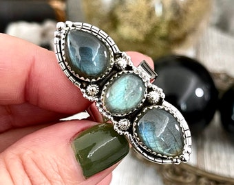 Crystal Ring Three Stone Labradorite Ring in Sterling Silver / Designed by FOXLARK Adjustable to Size 6 7 8 9 / Big Goth Witchy Jewelry