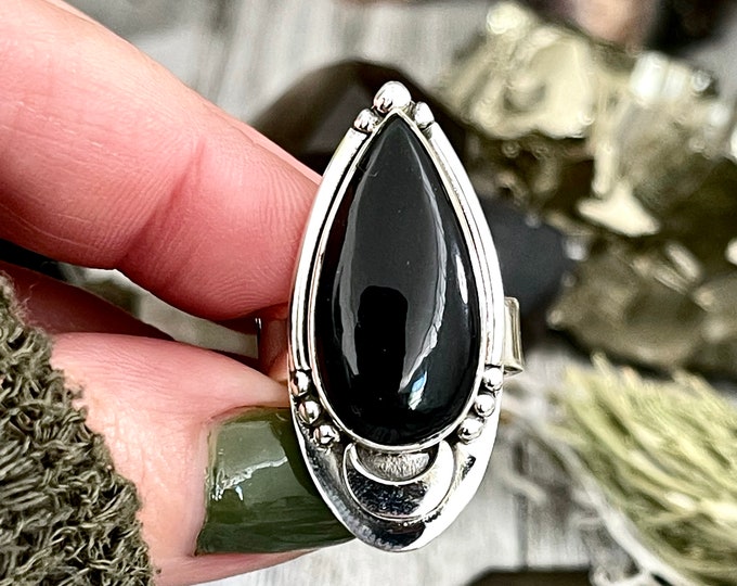 Midnight Moon Crystal Ring Black Obsidian in Sterling Silver / Designed by FOXLARK Adjustable to Size 6 7 8 9 Gemstone Jewelry Goth Ring