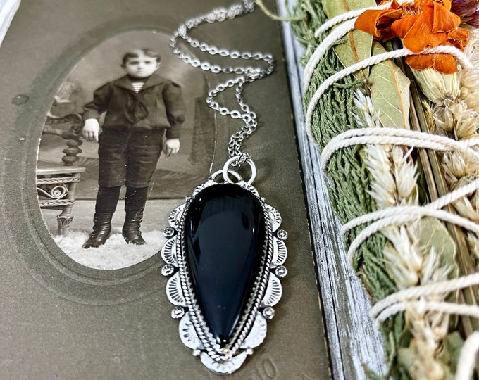 Black Onyx Crystal Teardrop Necklace in Sterling Silver  -Designed by FOXLARK Collection / Witchy Necklace Goth Jewelry / Gothic Jewelry