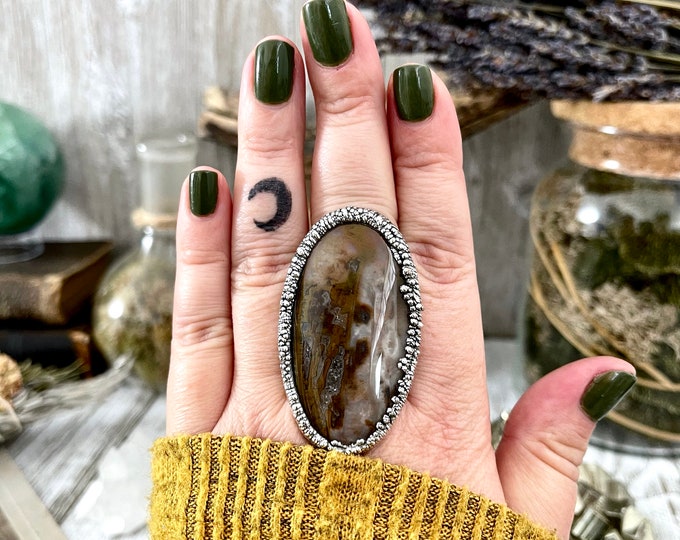 Size 9 Silver Natural Fancy Moss Agate Crystal Statement Ring / Foxlark Collection - One of a Kind / Big Crystal Ring Witchy Jewelry