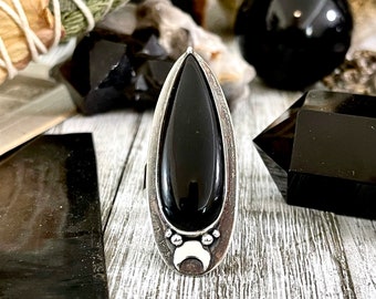 Magic Moon Black Onyx Ring in Sterling Silver /  Designed by FOXLARK Adjustable to Size 6 7 8 9 10 / Big Goth Crystal Ring Witchy Jewelry