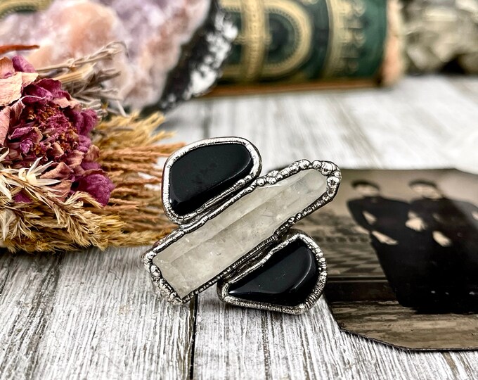 Size 8 Crystal Ring - Three Stone Black Onyx Clear Quartz Ring in Silver / Foxlark Collection - One of a Kind / Big Witchy Crystal Jewelry