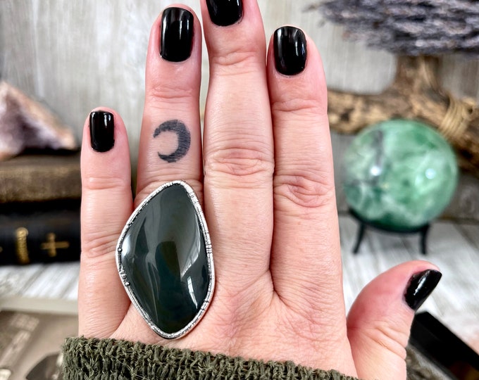 Size 8 Natural Grey - Rainbow Obsidian Ring in Fine Silver / Foxlark Collection - One of a Kind / Big Witchy Gothic Statement Ring Gemstone