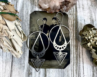 All Seeing Eye & Moon Phases Earrings / Sterling Silver and Stainless Steel Long Dangly Geometric Earrings / Witchy Earrings  Gothic Jewelry