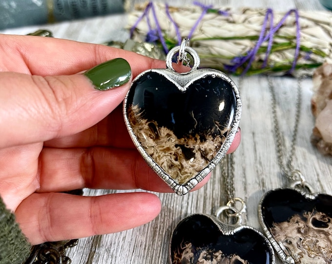 Fossilized Palm Root Heart Necklace in Fine Silver  / Foxlark Collection - One of a Kind / Witchy Necklace Goth Jewelry / Gothic Jewelry