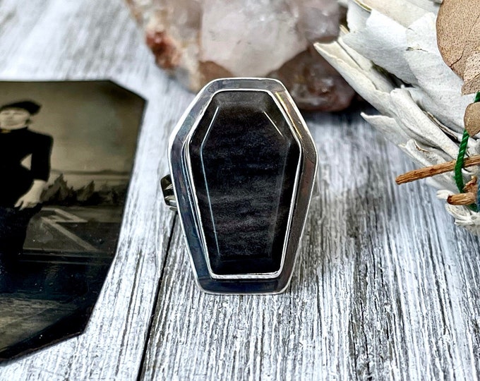 Silver Sheen Obsidian Coffin Ring in Solid Sterling Silver- Designed by FOXLARK Collection Size 6 7 8 9 10 / Big Crystal Ring Witchy Jewelry