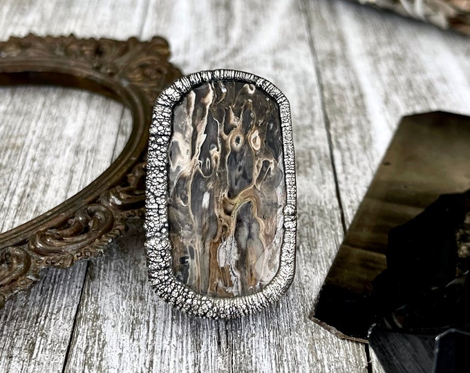 Unique Size 8 Large Fossilized Palm Root Statement Ring in Fine Silver / Foxlark Collection - One of a Kind / Gothic Jewelry Electroformed