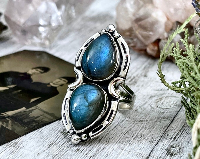 Mystic Moons Labradorite Crystal Ring Sterling Silver Designed FOXLARK Collection Size 6 7 8 9 10 / Big Crystal Ring Witchy Jewelry Gemstone