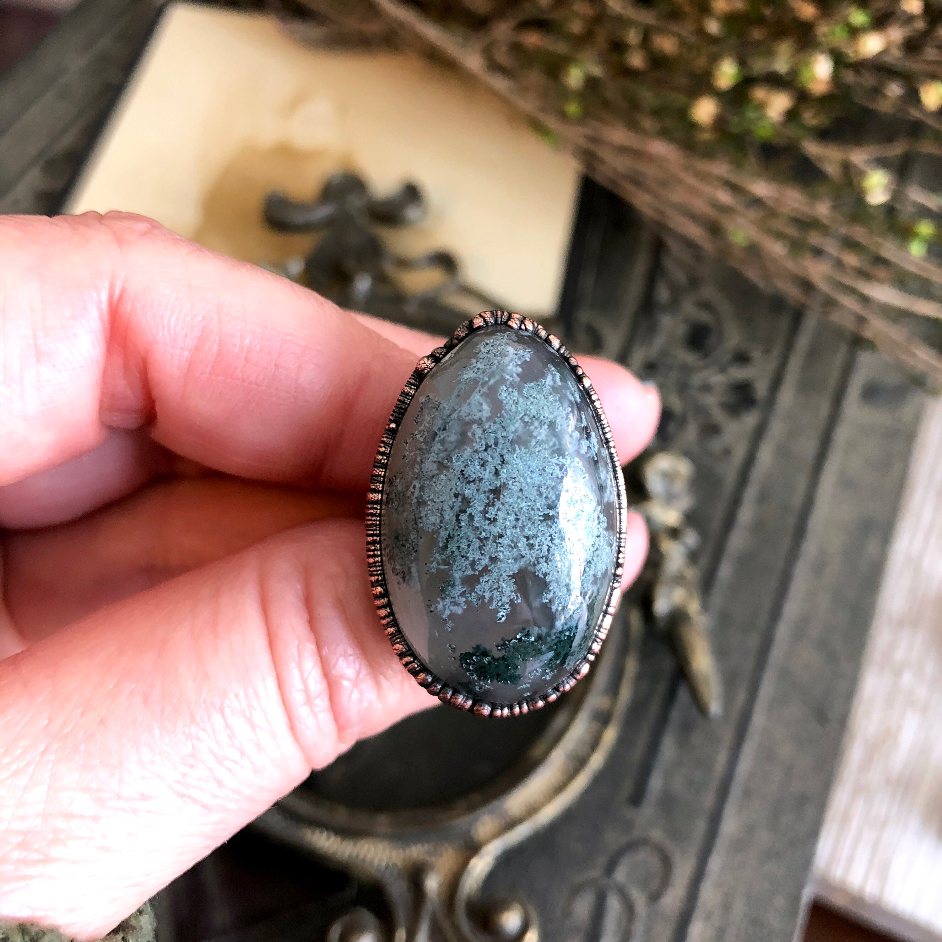 Moss Agate Ring Size 7.5 Natural Stone Ring / Crystal Ring Gypsy Ring