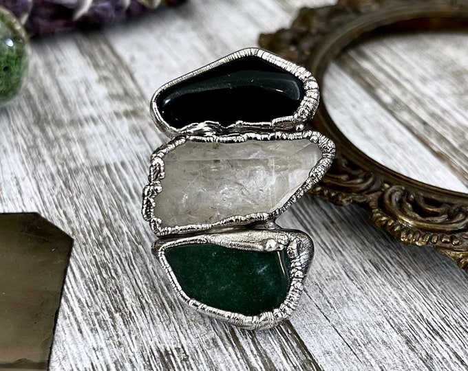 Size 9.5 Crystal Ring - Three Stone Ring Black Onyx Raw Clear Quartz & Aventurine Silver Ring / Foxlark Collection - One of a Kind Jewelry