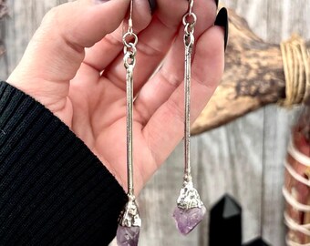 Raw Amethyst Fine Silver Crystal Dangle Earrings / Long Dangle Witchy Earrings