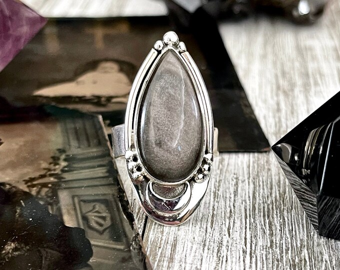 Midnight Moon Crystal Ring Silver Sheen Obsidian in Sterling Silver / Designed by FOXLARK - Adjustable to Size 6 7 8 9 / Goth Jewelry Witchy