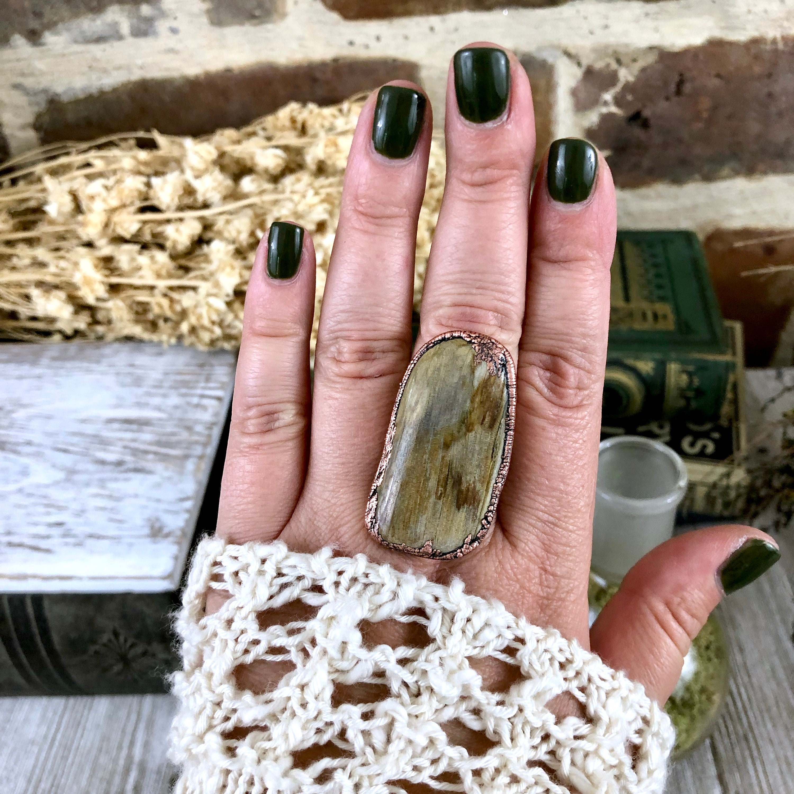 Big Stone Ring Petrified Wood Ring Size 8.5 Natural Stone Jewelry