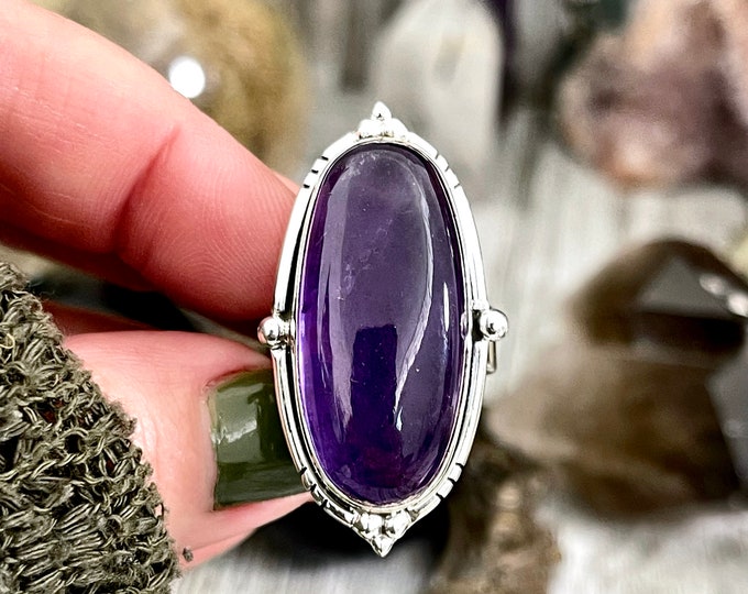 Purple Amethyst Oval Crystal Statement Ring in Sterling Silver - Designed by FOXLARK Collection Adjustable to Size 6 7 8 9 Gemstone